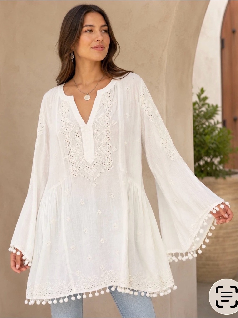 Sundance Off-White Cotton Eyelet Pom-Pom Peasant Boho Tunic